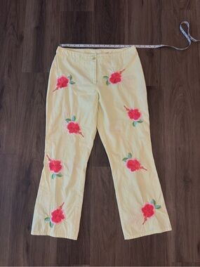C.J. Laing Embroidered Floral Yellow Cotton Pants